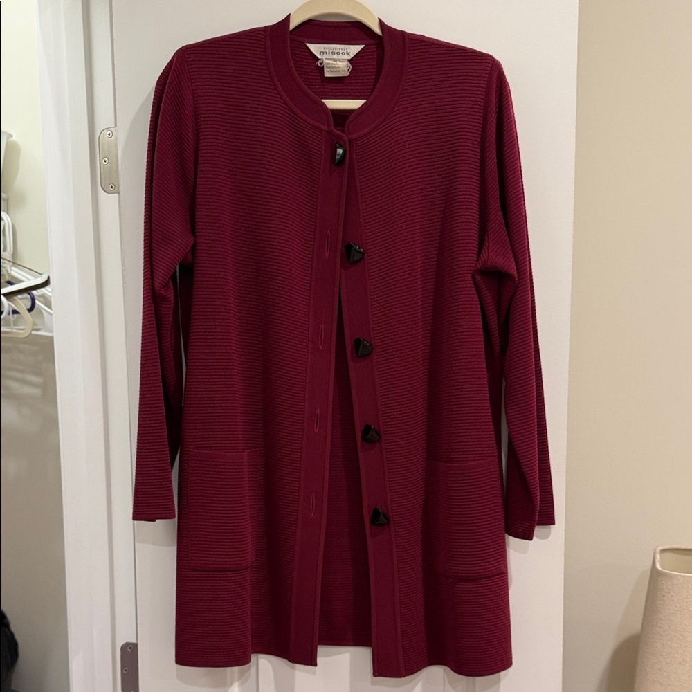 Misook Deep Red Cardigan with Heart Buttons
